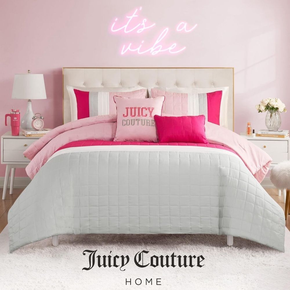 **SOLD** Juicy Couture Home 5PC Pink Gray Color Block Striped Comforter Bed Set - Picture 14 of 16